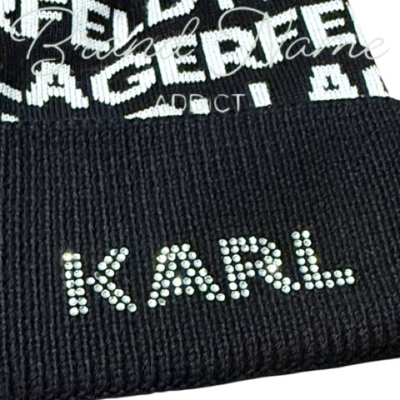 Karl Lagerfeld Black and White Logo Pom Beanie Hat - Picture 5 of 6